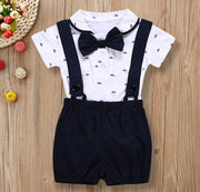 Boy's White Short Pant Set with Suspender Bow Tie