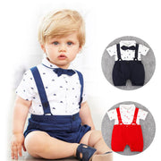 Boy's White Short Pant Set with Suspender Bow Tie