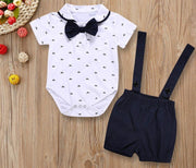 Boy's White Short Pant Set with Suspender Bow Tie