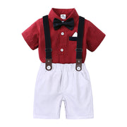 Boys' Red Striped Shirt with Overalls and Bow Tie