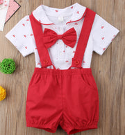 Boy's White Short Pant Set with Suspender Bow Tie