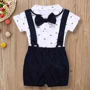 Boy's White Short Pant Set with Suspender Bow Tie