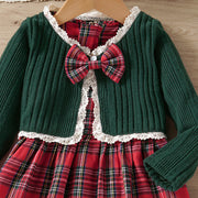 Girls Knitted Lace and Plaid Skirt Set